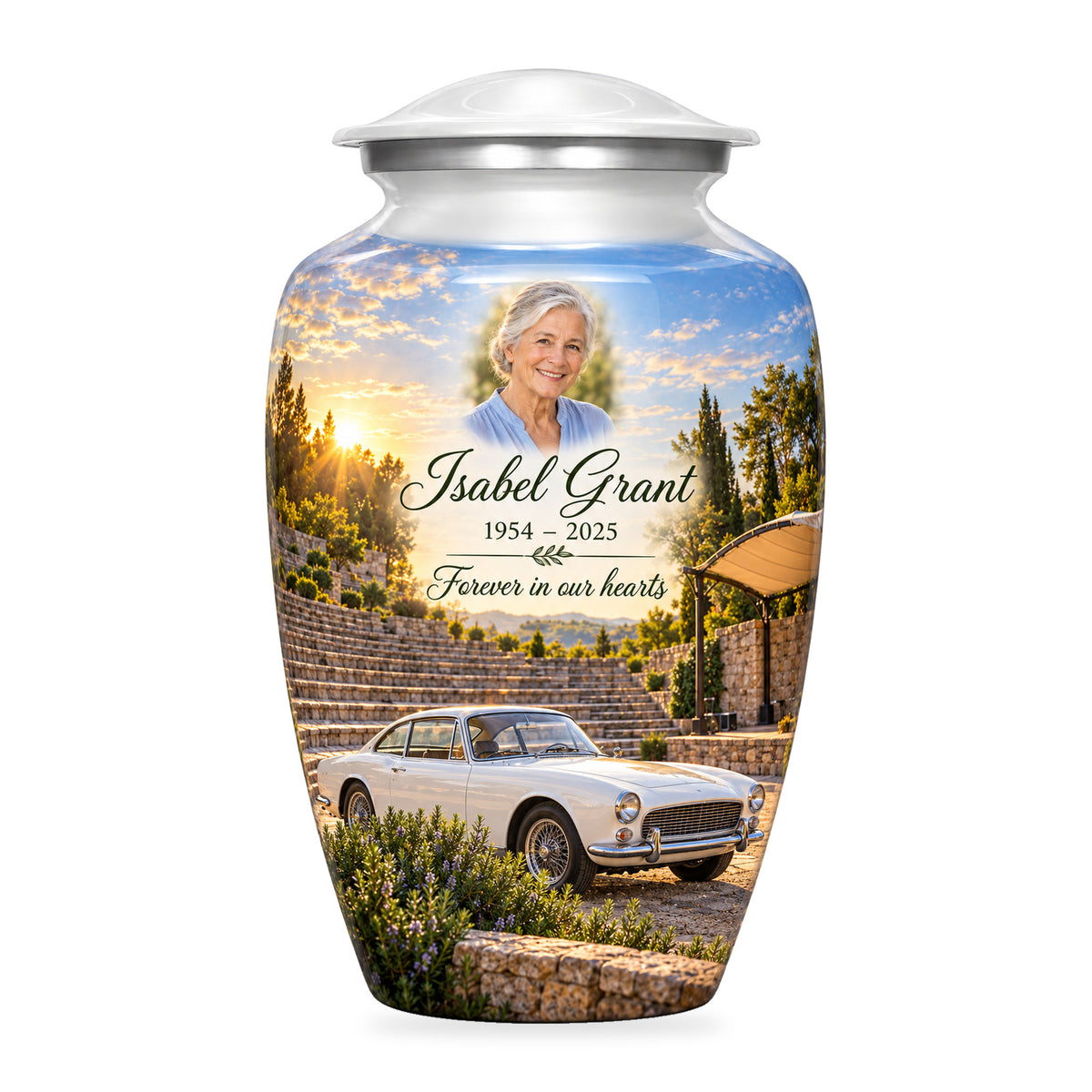 White adult Amphitheatre Morning car urn with fictional sample portrait, name and years, shown on white.