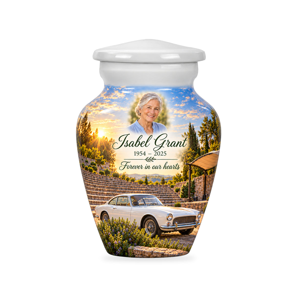 One ringless Amphitheatre Morning car keepsake urn with fictional sample portrait and text.