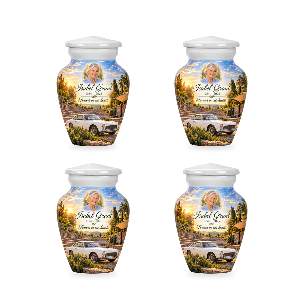 Four matching ringless Amphitheatre Morning car keepsake urns with fictional sample personalization.