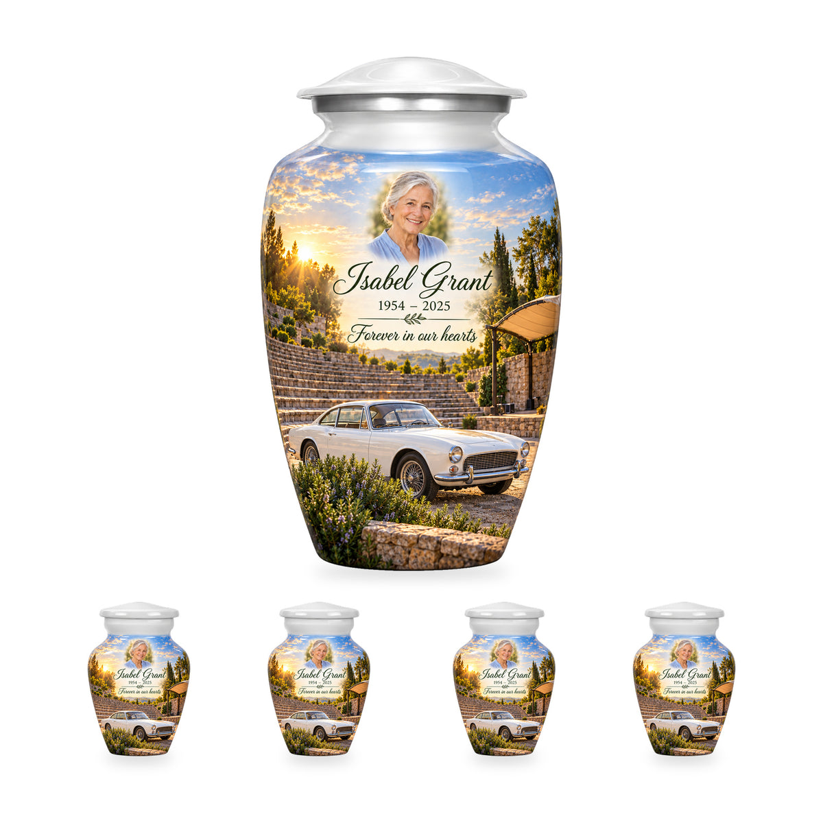 Amphitheatre Morning adult car urn with four matching ringless keepsakes; the selected package includes five urns.