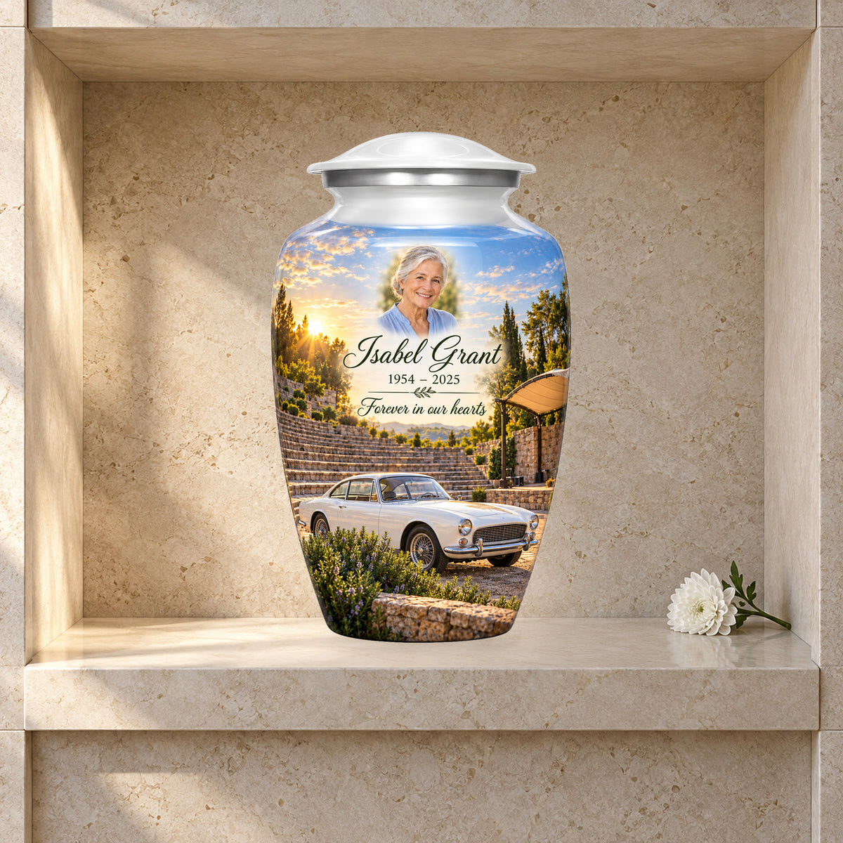 Amphitheatre Morning adult car urn in a styled columbarium display; decorative props are not included.