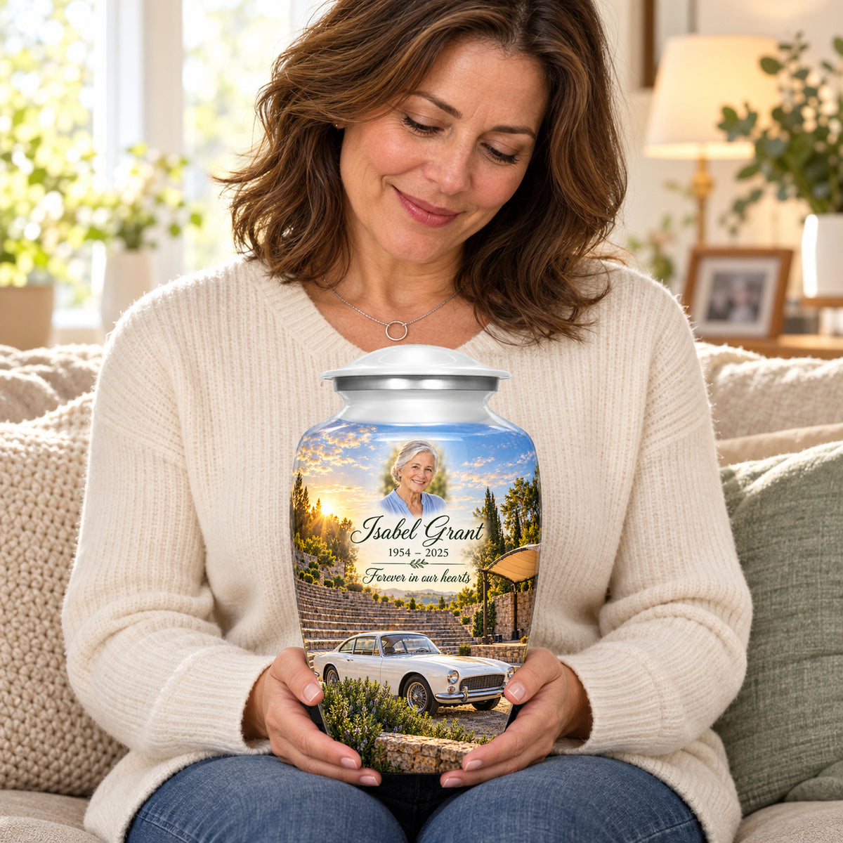 Seated person holding the adult Amphitheatre Morning car urn on their lap.