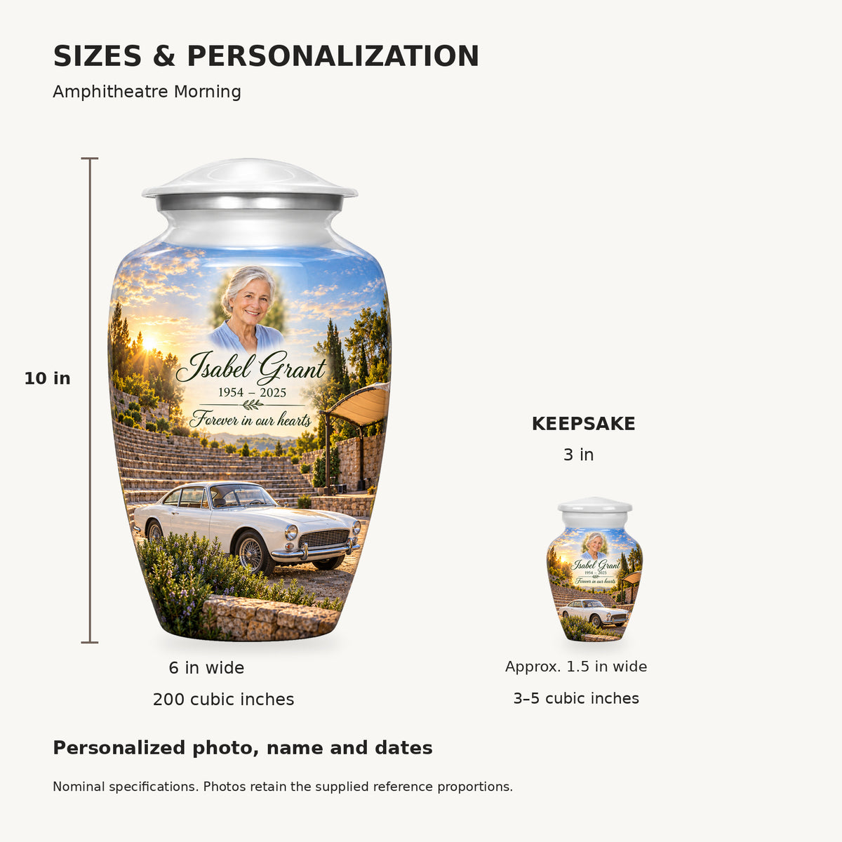 Nominal dimensions: adult 10 inches high, 6 inches widest, 200 cubic inches; keepsake 3 inches high, approximately 1.5 inches wide, 3–5 cubic inches.