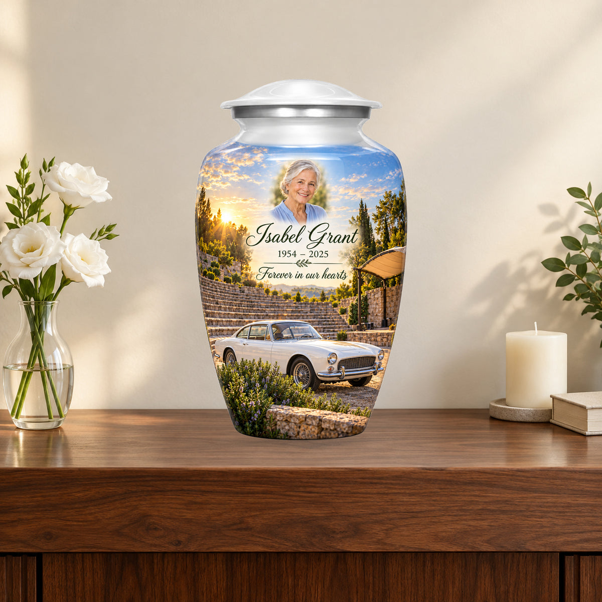 Amphitheatre Morning personalized car urn in a styled memorial display; decorative props are not included.