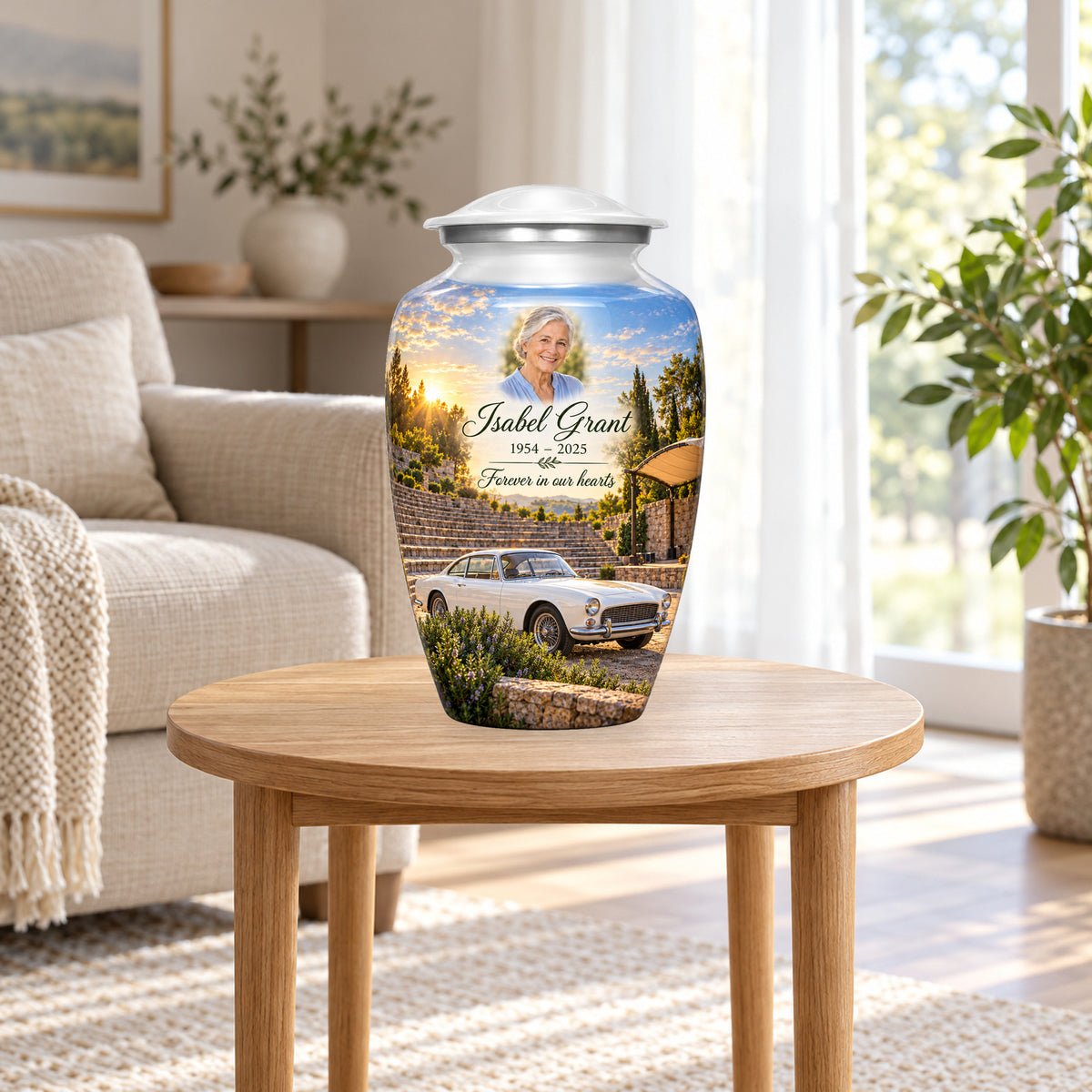 Amphitheatre Morning adult car urn in a home display; furniture and decorative props are not included.