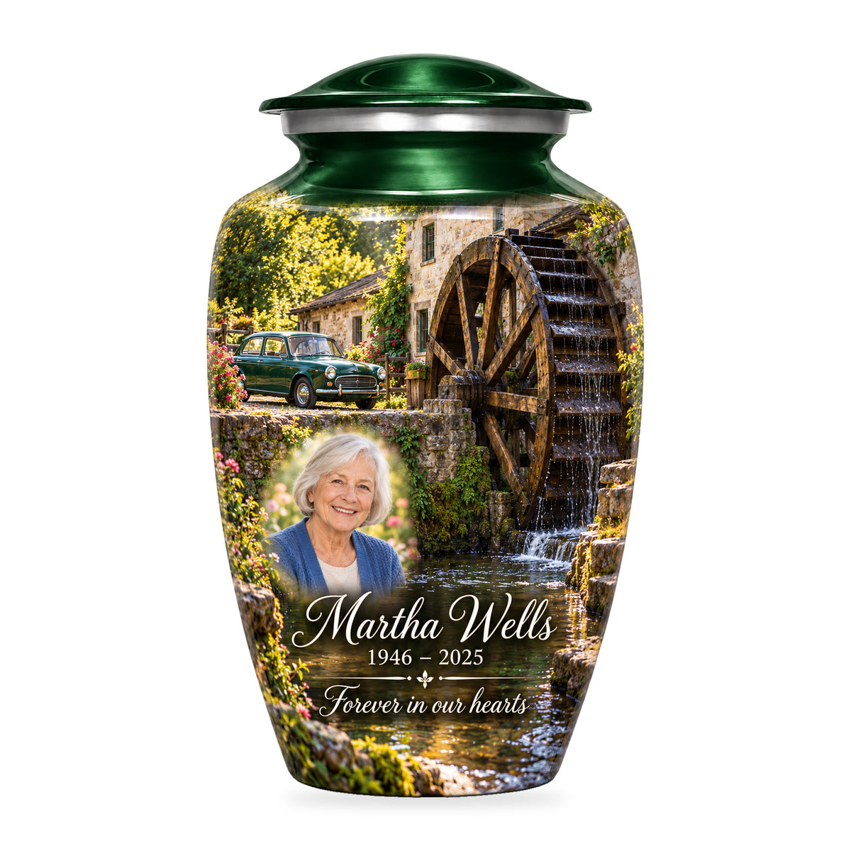 Green adult Waterwheel Courtyard car urn with fictional sample portrait, name and years, shown on white.