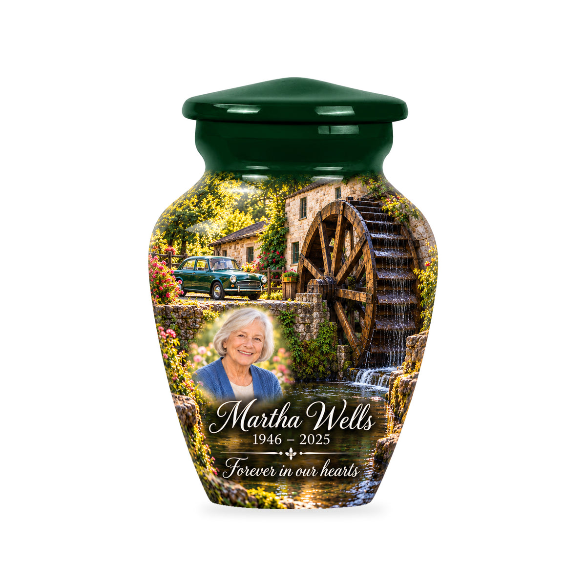 One ringless Waterwheel Courtyard car keepsake urn with fictional sample portrait and text.