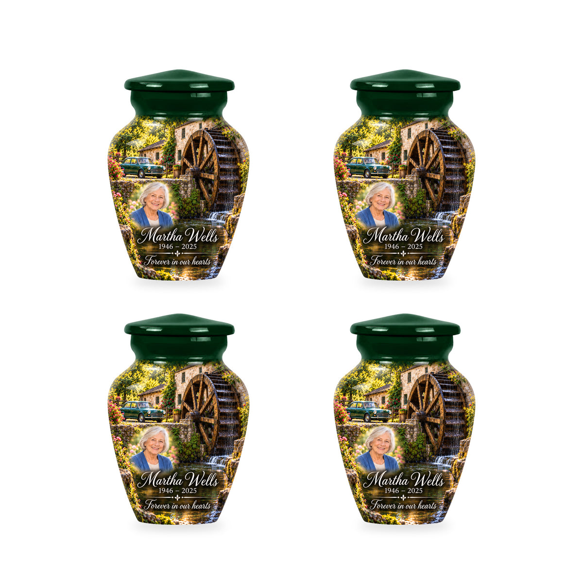 Four matching ringless Waterwheel Courtyard car keepsake urns with fictional sample personalization.