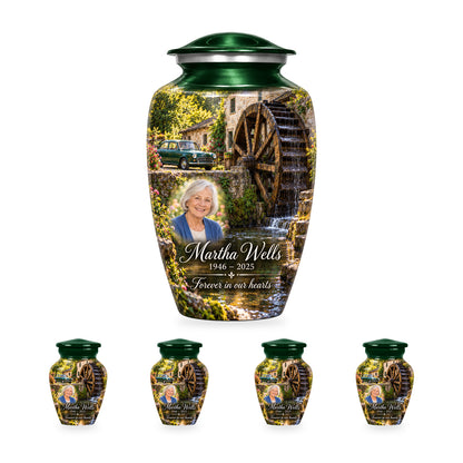 Waterwheel Courtyard adult car urn with four matching ringless keepsakes; the selected package includes five urns.