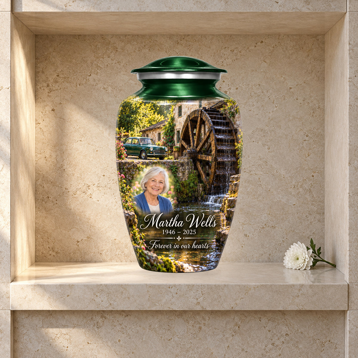 Waterwheel Courtyard adult car urn in a styled columbarium display; decorative props are not included.