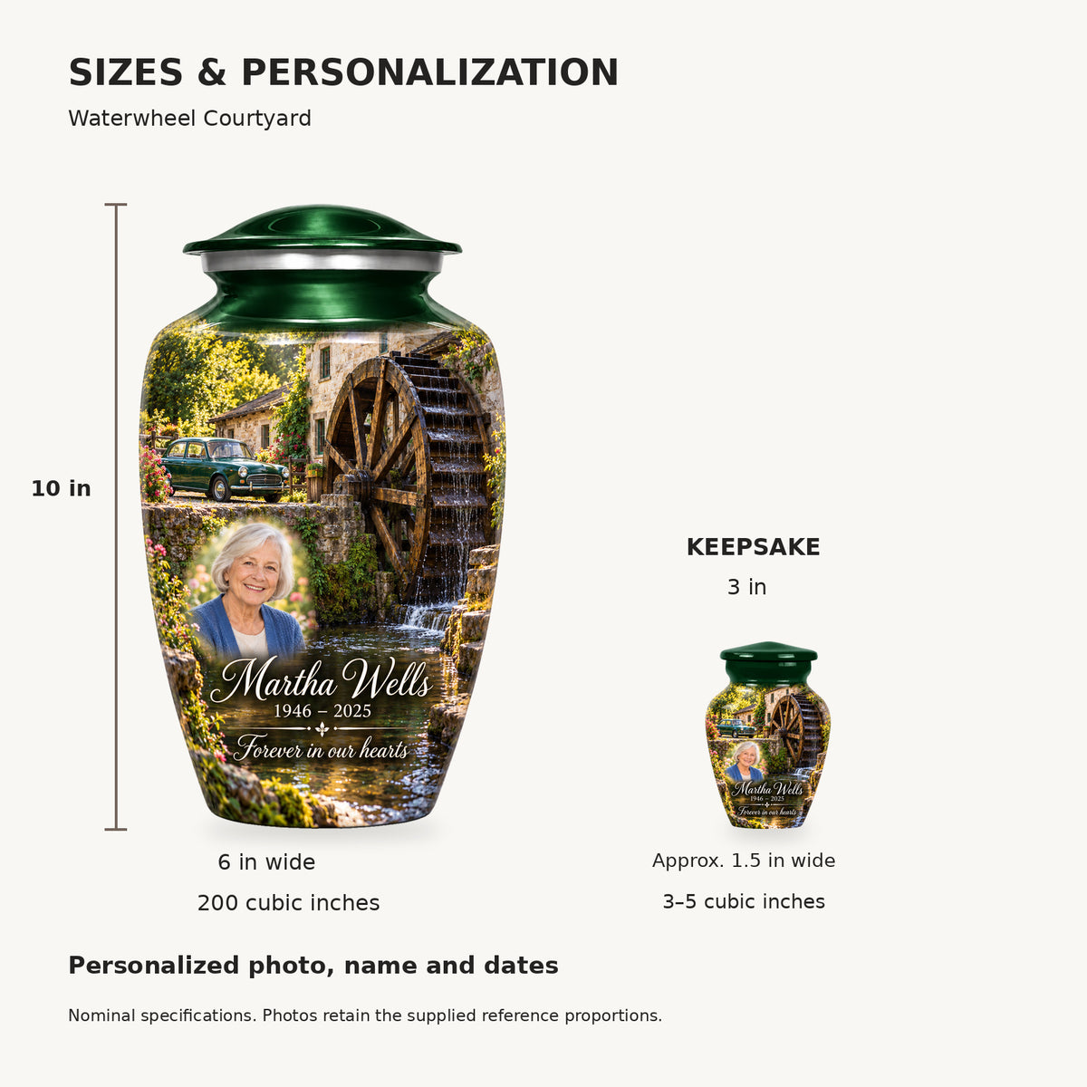 Nominal dimensions: adult 10 inches high, 6 inches widest, 200 cubic inches; keepsake 3 inches high, approximately 1.5 inches wide, 3–5 cubic inches.