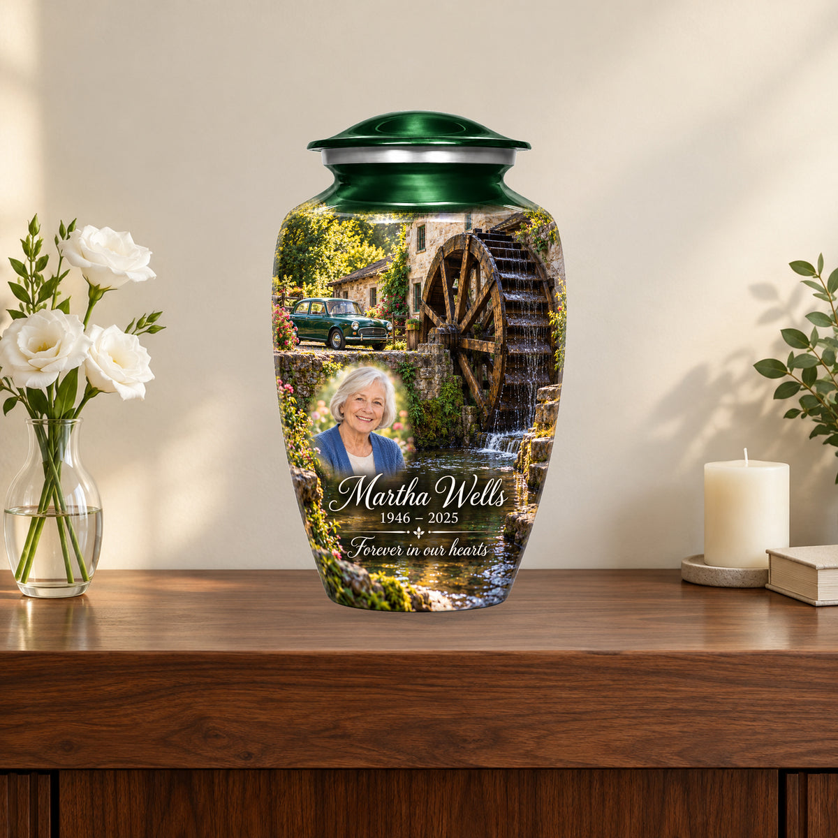 Waterwheel Courtyard personalized car urn in a styled memorial display; decorative props are not included.