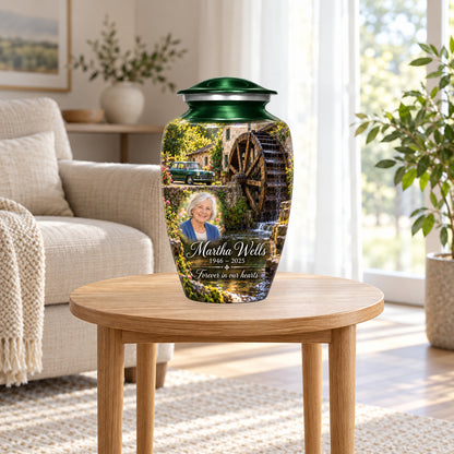 Waterwheel Courtyard adult car urn in a home display; furniture and decorative props are not included.
