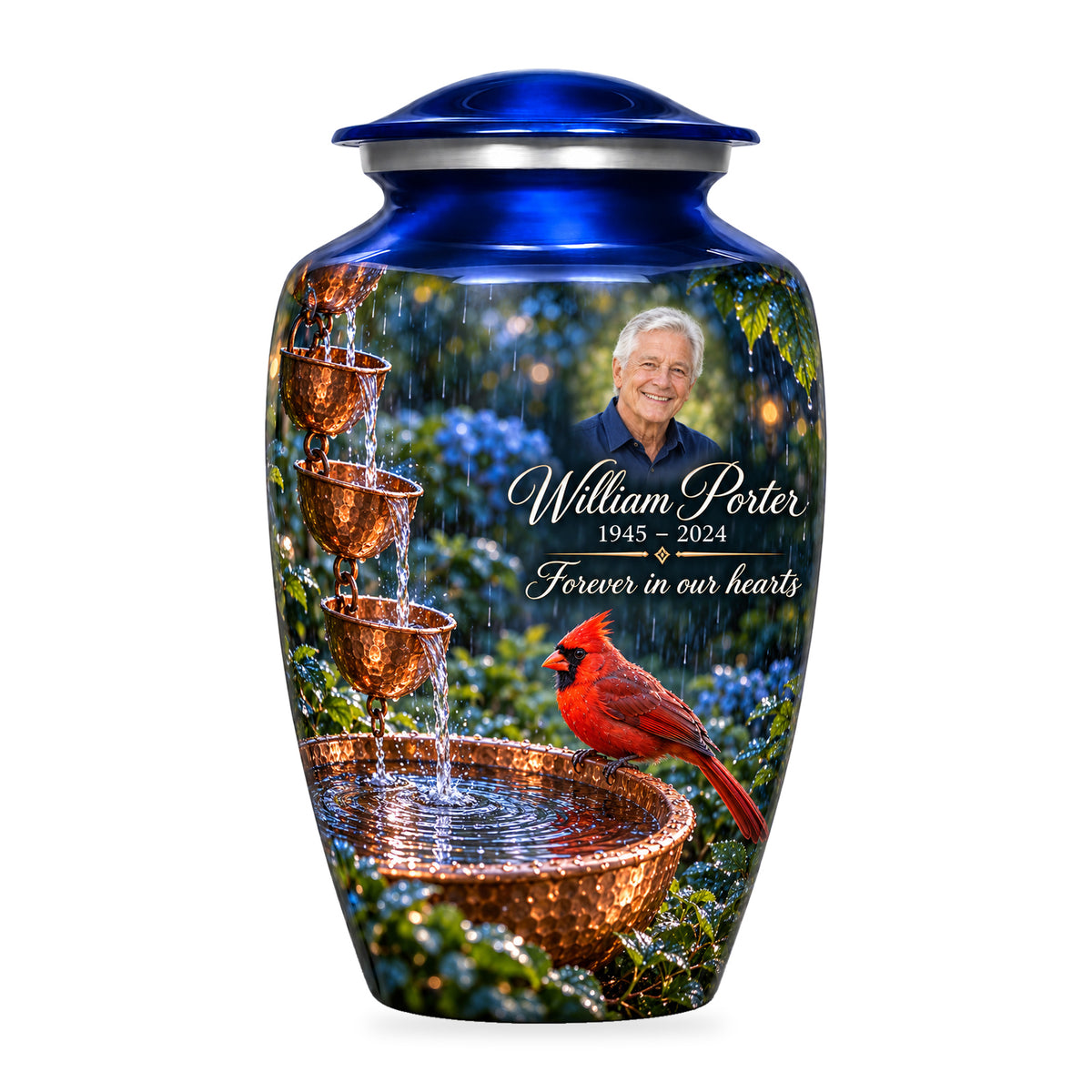 Blue adult Copper Rainchain cardinal urn with fictional sample portrait, name and years, shown on white.