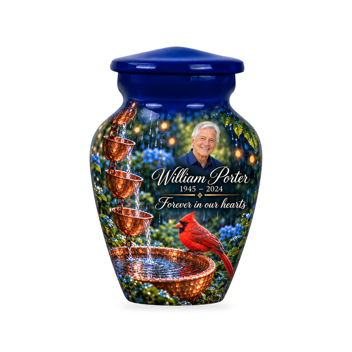 One ringless Copper Rainchain cardinal keepsake urn with fictional sample portrait and text.