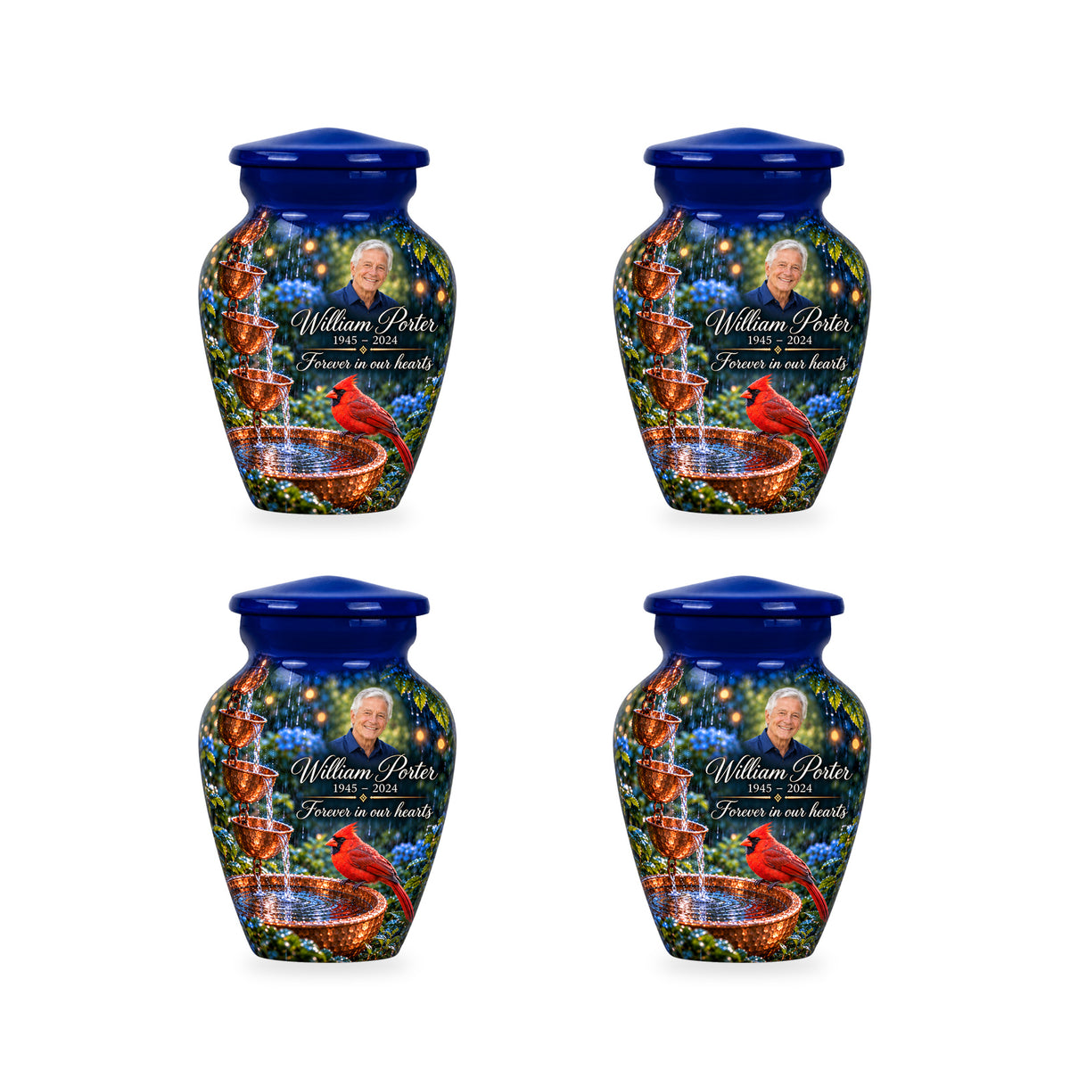 Four matching ringless Copper Rainchain cardinal keepsake urns with fictional sample personalization.