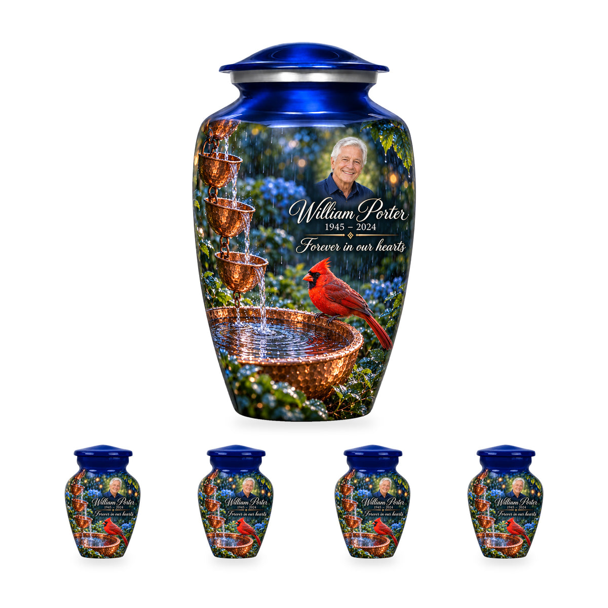 Copper Rainchain adult cardinal urn with four matching ringless keepsakes; the selected package includes five urns.