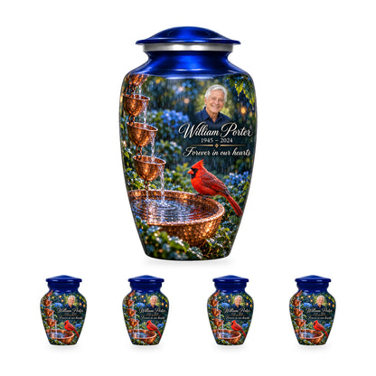 Copper Rainchain adult cardinal urn with four matching ringless keepsakes; the selected package includes five urns.