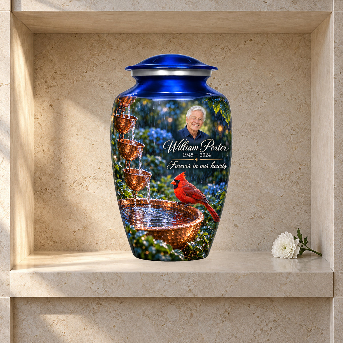 Copper Rainchain adult cardinal urn in a styled columbarium display; decorative props are not included.