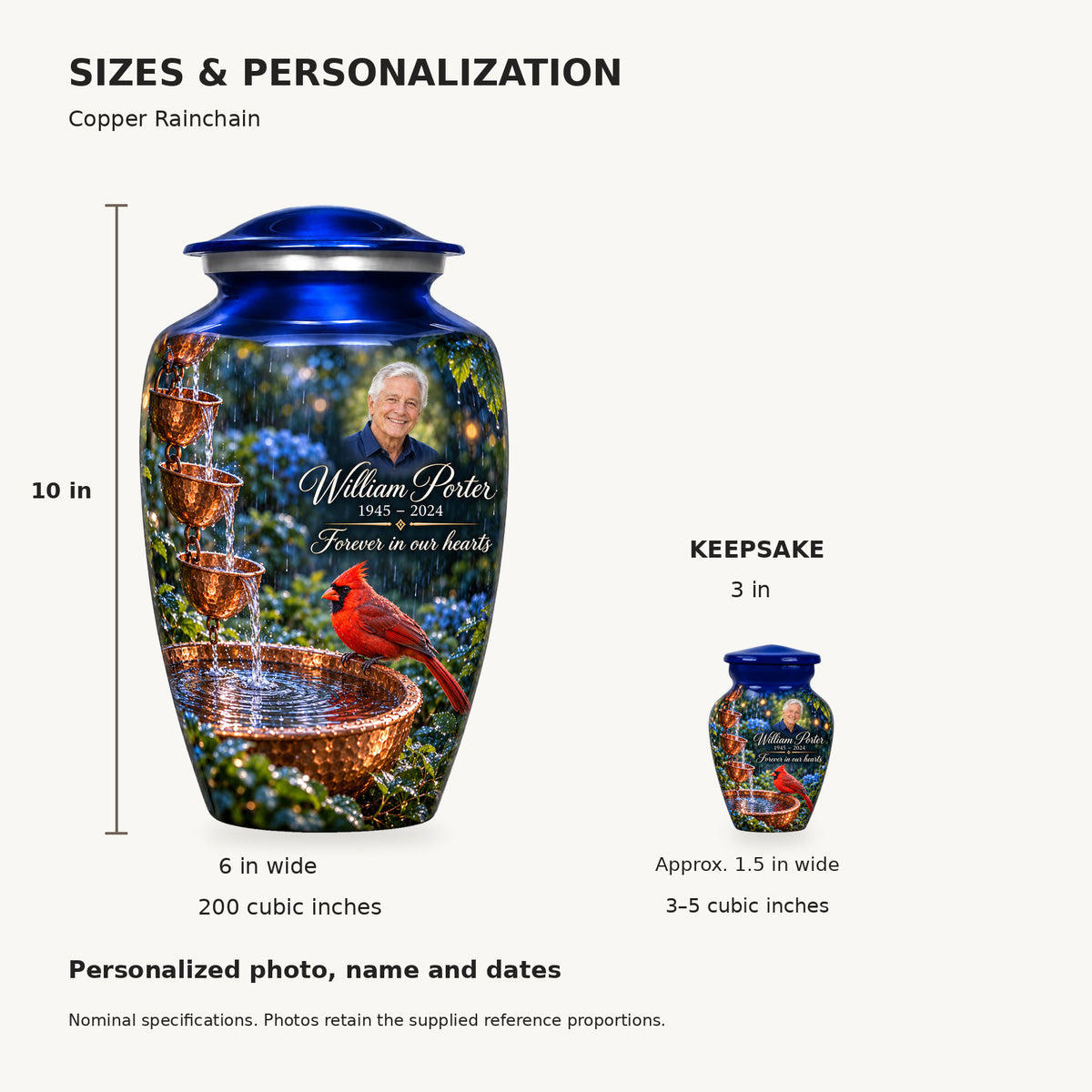 Nominal dimensions: adult 10 inches high, 6 inches widest, 200 cubic inches; keepsake 3 inches high, approximately 1.5 inches wide, 3–5 cubic inches.