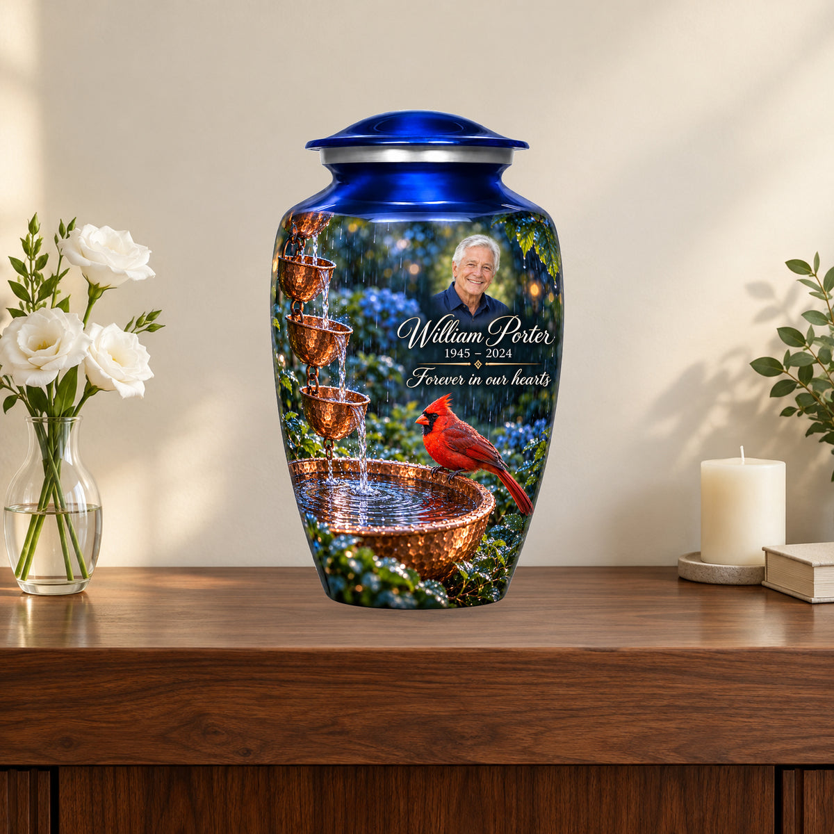 Copper Rainchain personalized cardinal urn in a styled memorial display; decorative props are not included.