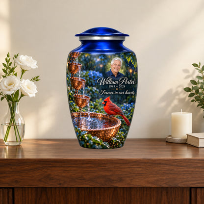 Copper Rainchain personalized cardinal urn in a styled memorial display; decorative props are not included.