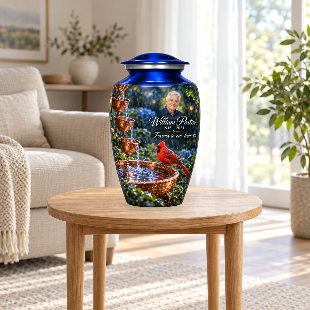Copper Rainchain adult cardinal urn in a home display; furniture and decorative props are not included.