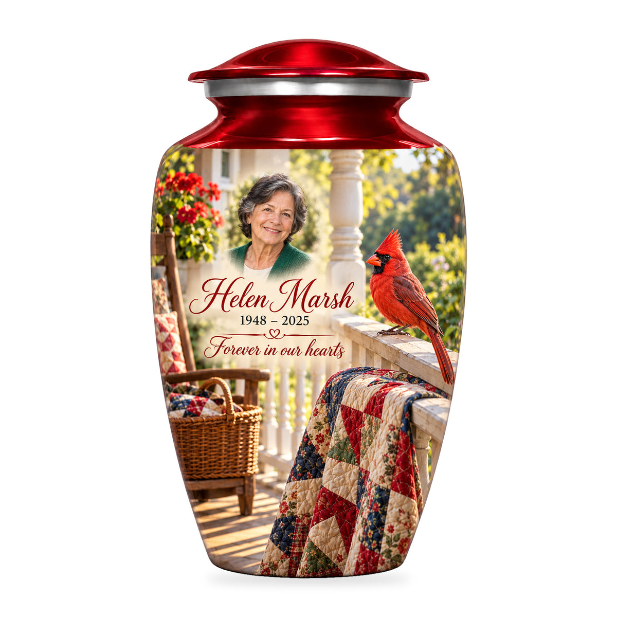 Red adult Quilt Porch Morning cardinal urn with fictional sample portrait, name and years, shown on white.