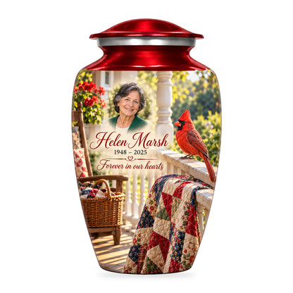 Red adult Quilt Porch Morning cardinal urn with fictional sample portrait, name and years, shown on white.