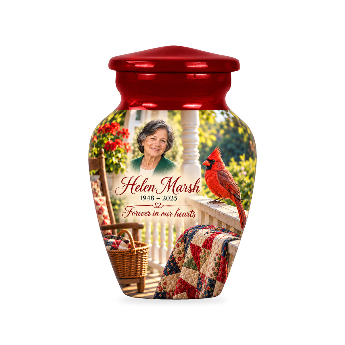 One ringless Quilt Porch Morning cardinal keepsake urn with fictional sample portrait and text.