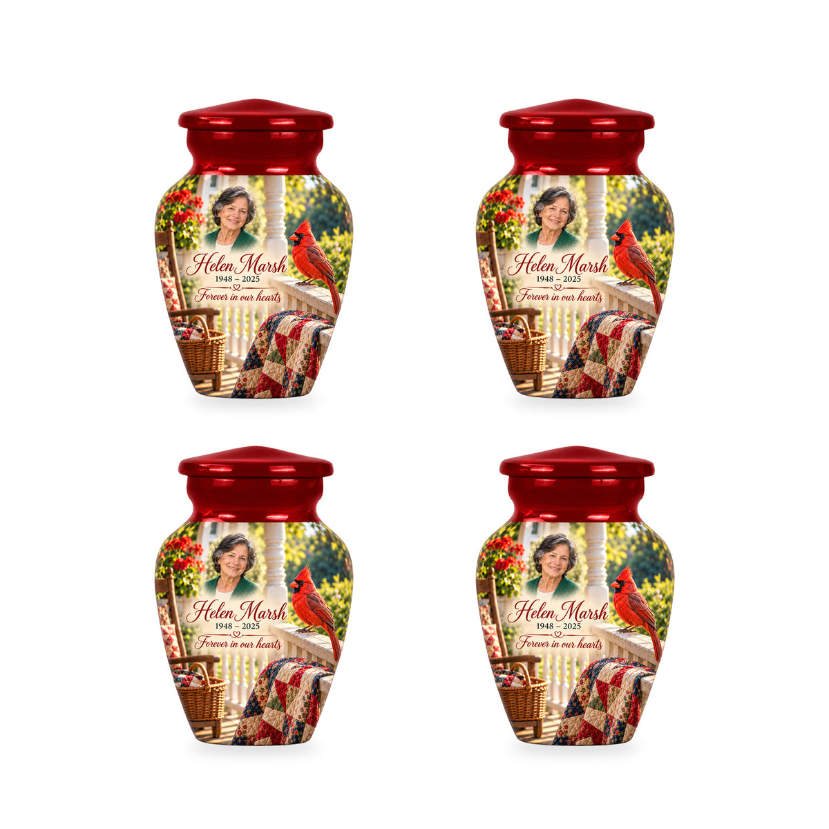 Four matching ringless Quilt Porch Morning cardinal keepsake urns with fictional sample personalization.