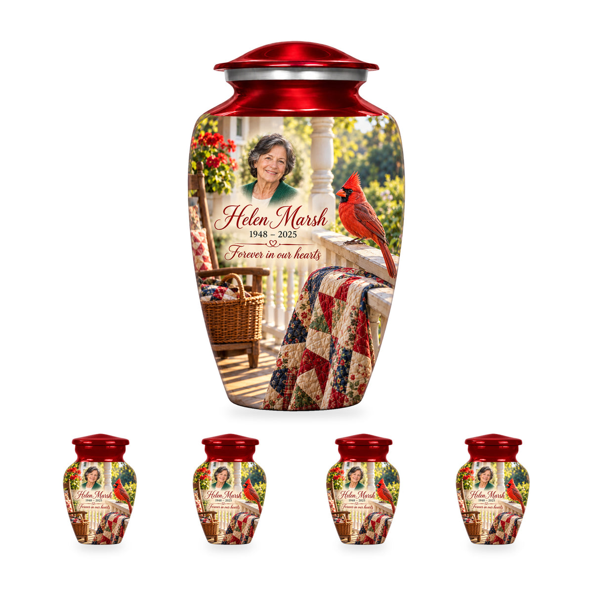 Quilt Porch Morning adult cardinal urn with four matching ringless keepsakes; the selected package includes five urns.