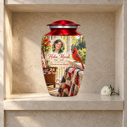 Quilt Porch Morning adult cardinal urn in a styled columbarium display; decorative props are not included.