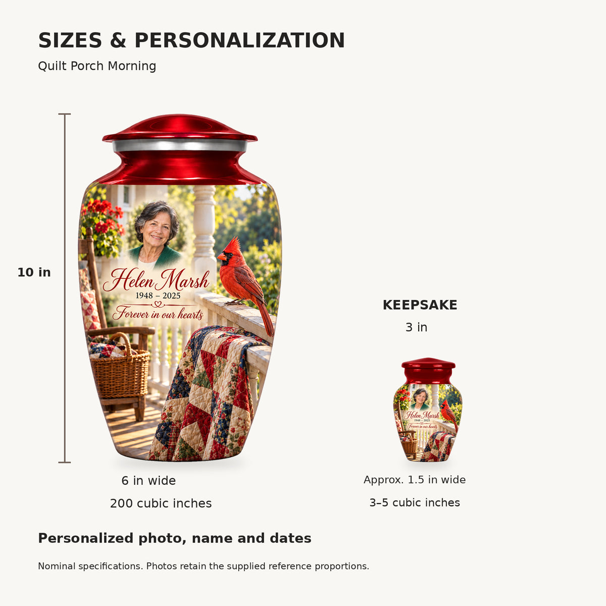 Nominal dimensions: adult 10 inches high, 6 inches widest, 200 cubic inches; keepsake 3 inches high, approximately 1.5 inches wide, 3–5 cubic inches.