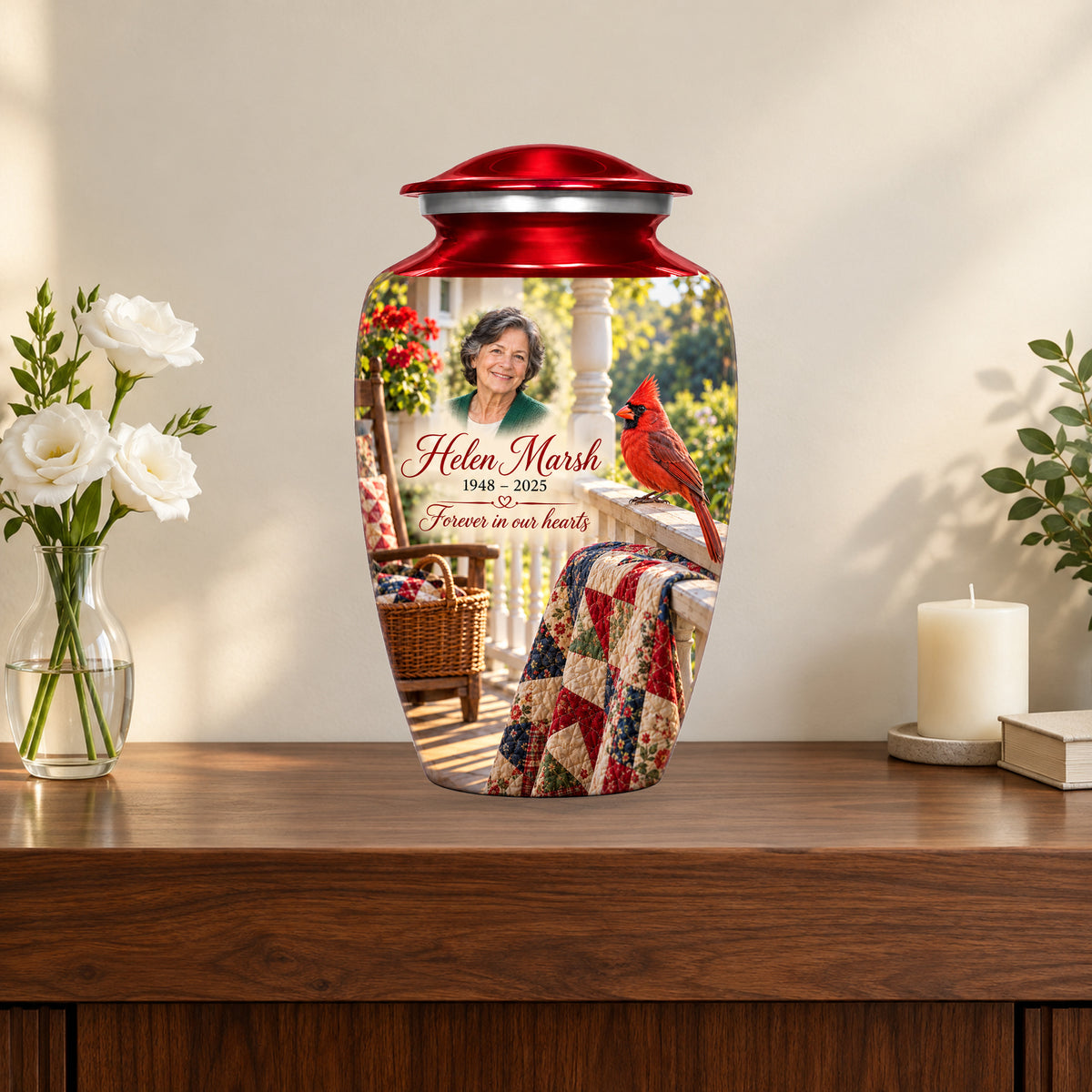Quilt Porch Morning personalized cardinal urn in a styled memorial display; decorative props are not included.