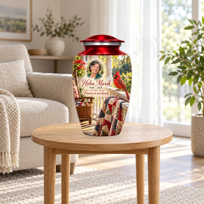 Quilt Porch Morning adult cardinal urn in a home display; furniture and decorative props are not included.