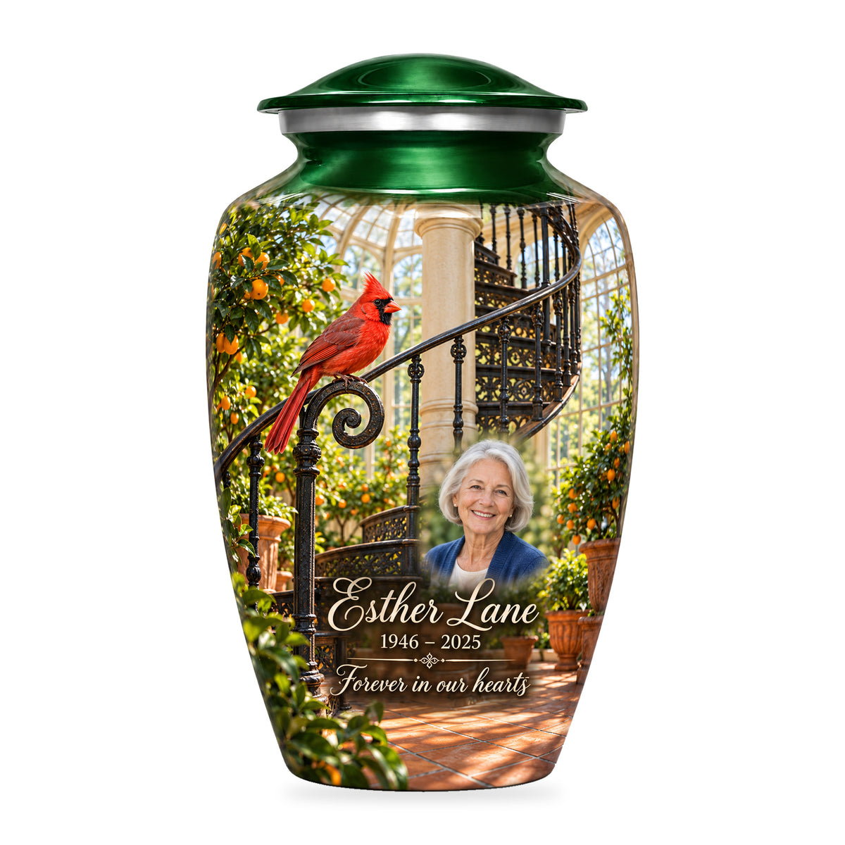 Green adult Orangery Spiral Stair cardinal urn with fictional sample portrait, name and years, shown on white.