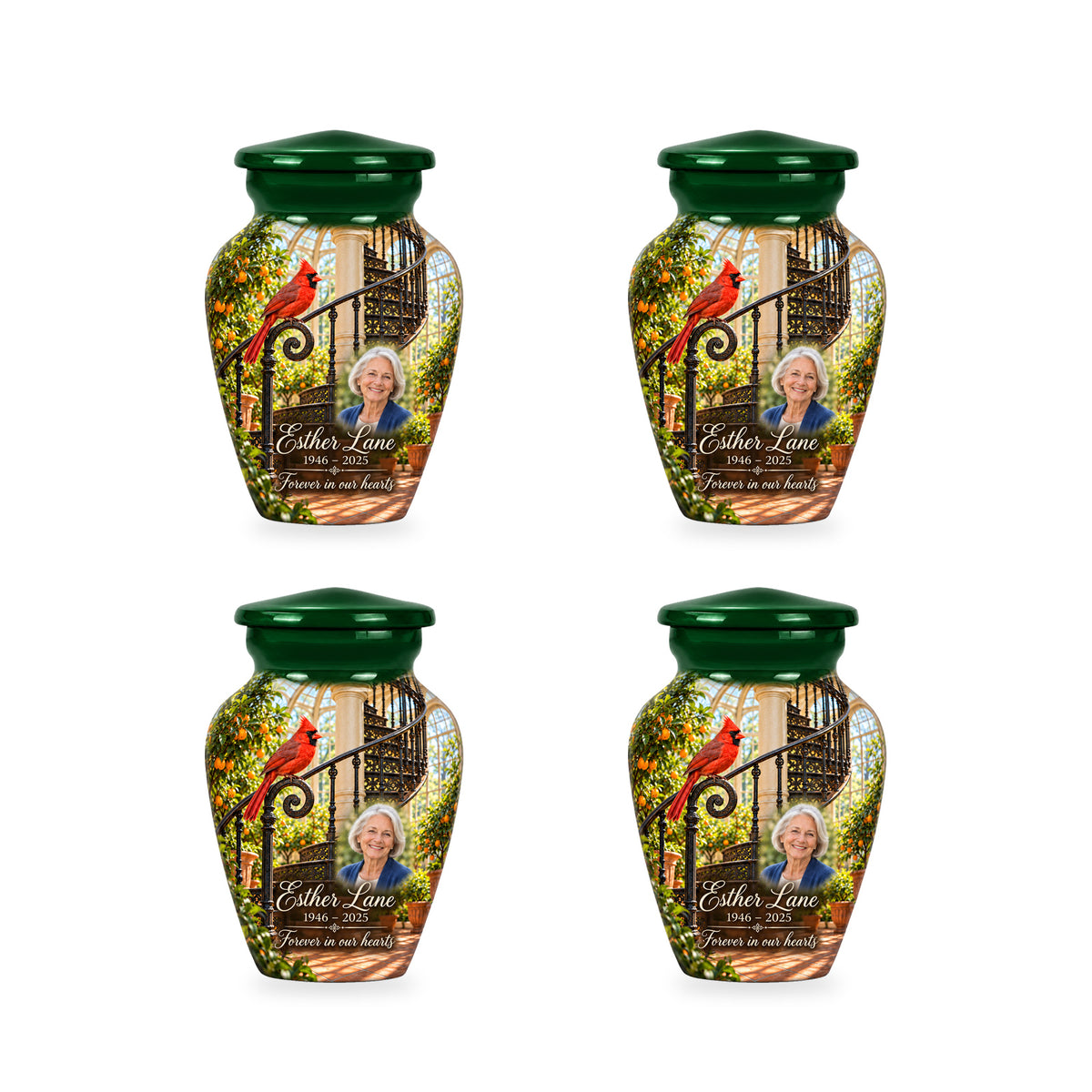 Four matching ringless Orangery Spiral Stair cardinal keepsake urns with fictional sample personalization.