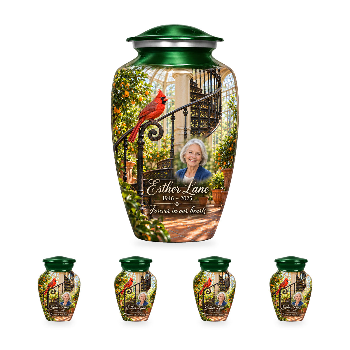 Orangery Spiral Stair adult cardinal urn with four matching ringless keepsakes; the selected package includes five urns.