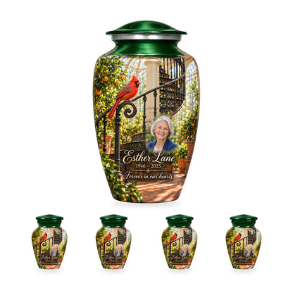 Orangery Spiral Stair adult cardinal urn with four matching ringless keepsakes; the selected package includes five urns.