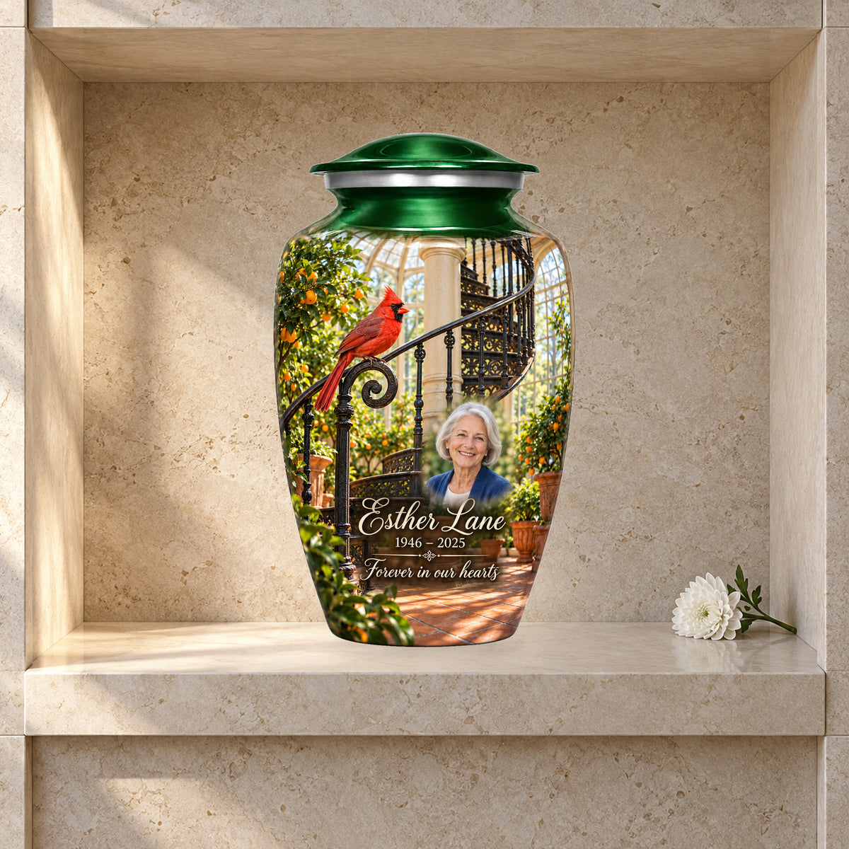 Orangery Spiral Stair adult cardinal urn in a styled columbarium display; decorative props are not included.
