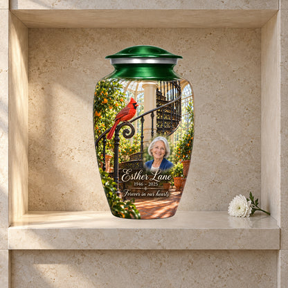 Orangery Spiral Stair adult cardinal urn in a styled columbarium display; decorative props are not included.