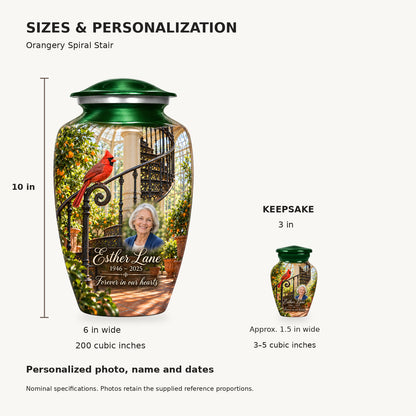 Nominal dimensions: adult 10 inches high, 6 inches widest, 200 cubic inches; keepsake 3 inches high, approximately 1.5 inches wide, 3–5 cubic inches.