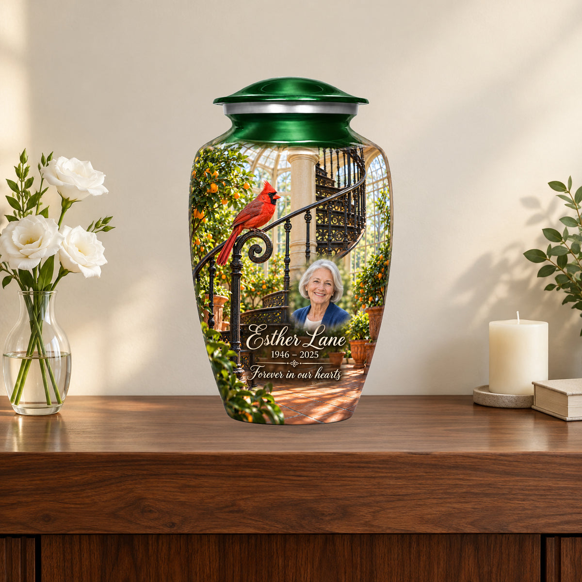 Orangery Spiral Stair personalized cardinal urn in a styled memorial display; decorative props are not included.