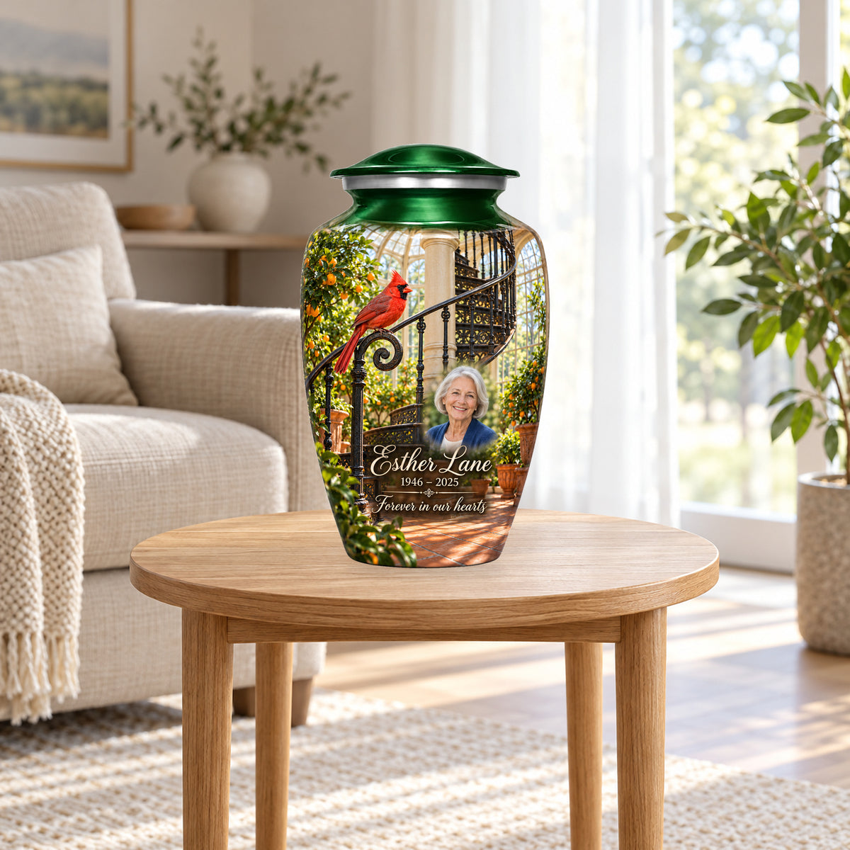 Orangery Spiral Stair adult cardinal urn in a home display; furniture and decorative props are not included.