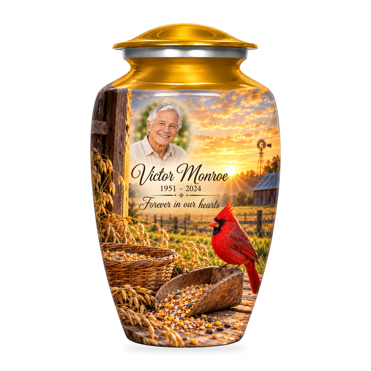 Yellow adult Grain Yard Morning cardinal urn with fictional sample portrait, name and years, shown on white.