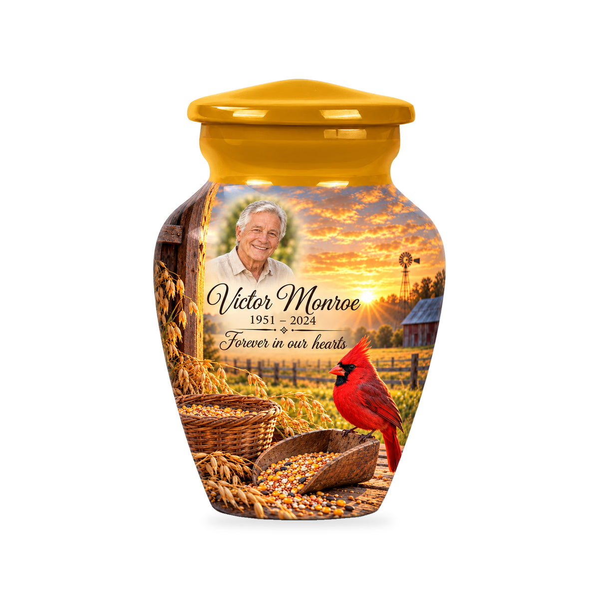 One ringless Grain Yard Morning cardinal keepsake urn with fictional sample portrait and text.