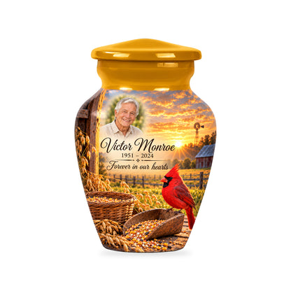 One ringless Grain Yard Morning cardinal keepsake urn with fictional sample portrait and text.