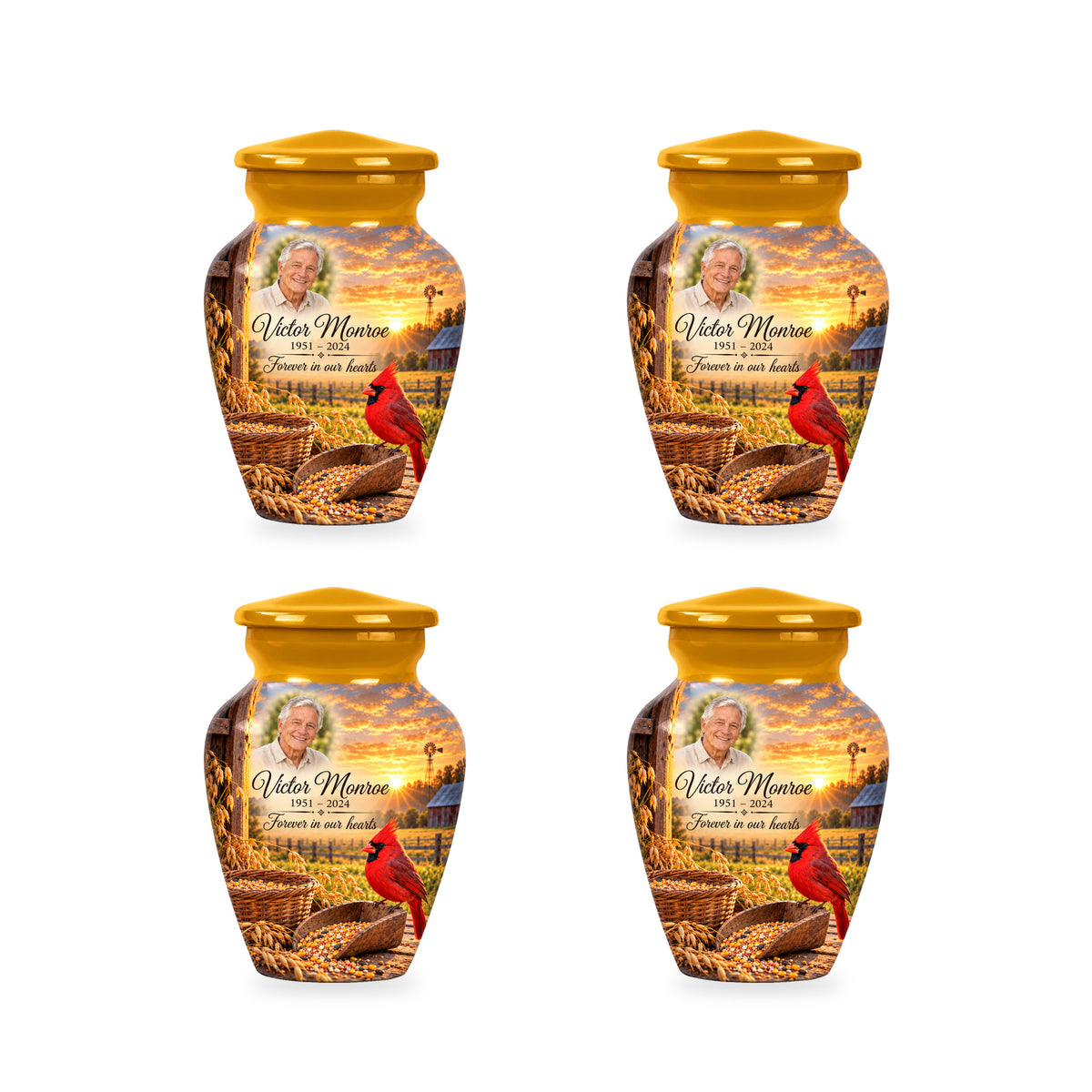 Four matching ringless Grain Yard Morning cardinal keepsake urns with fictional sample personalization.