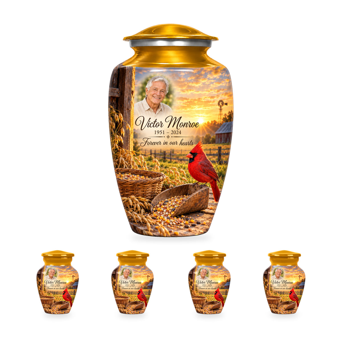 Grain Yard Morning adult cardinal urn with four matching ringless keepsakes; the selected package includes five urns.